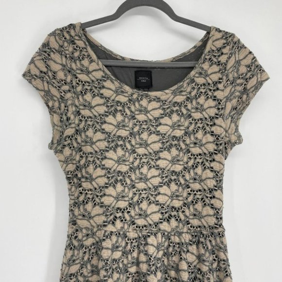 Deletta Anthro grey tan  floral eyelet Brushed Terra skater dress cap sleeve - Picture 6 of 16